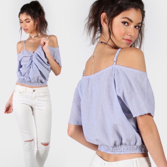 Twisted Knot Front Striped Off Shoulder Cropped Top - Picture 2 of 8